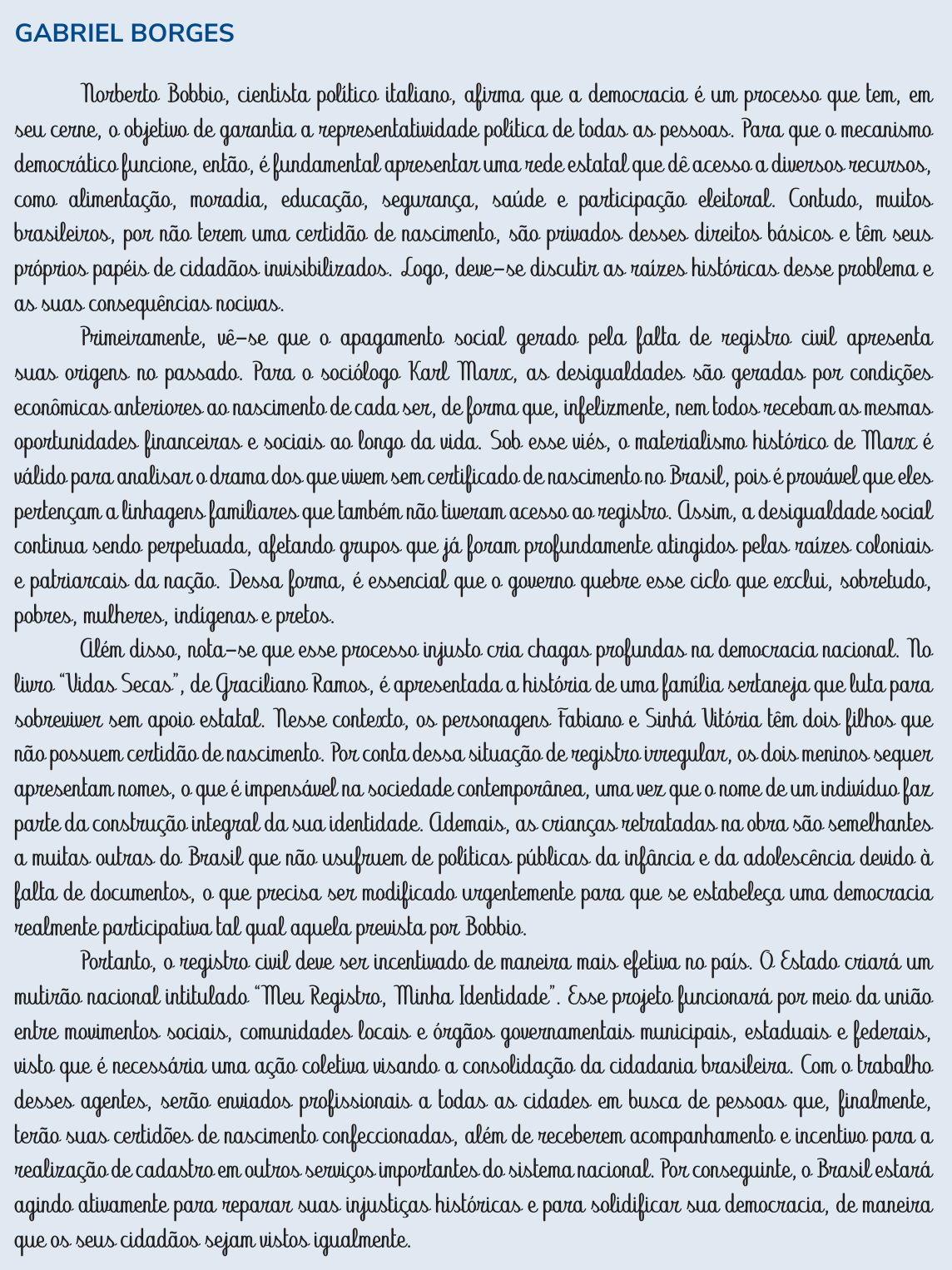 Redação de Gabriel Borges na cartilha do INEP