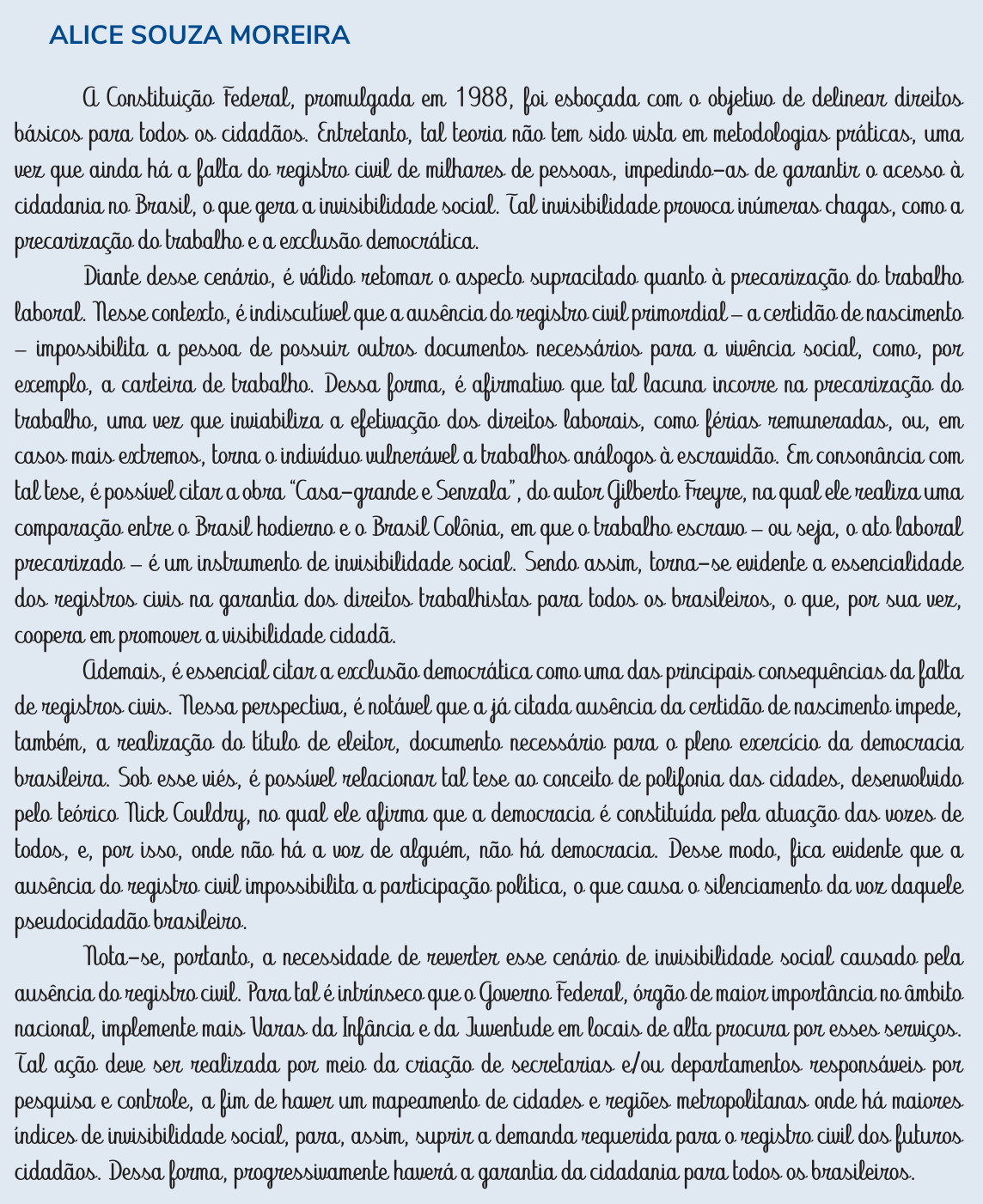 Redação de Alice Souza Moreira na cartilha do INEP