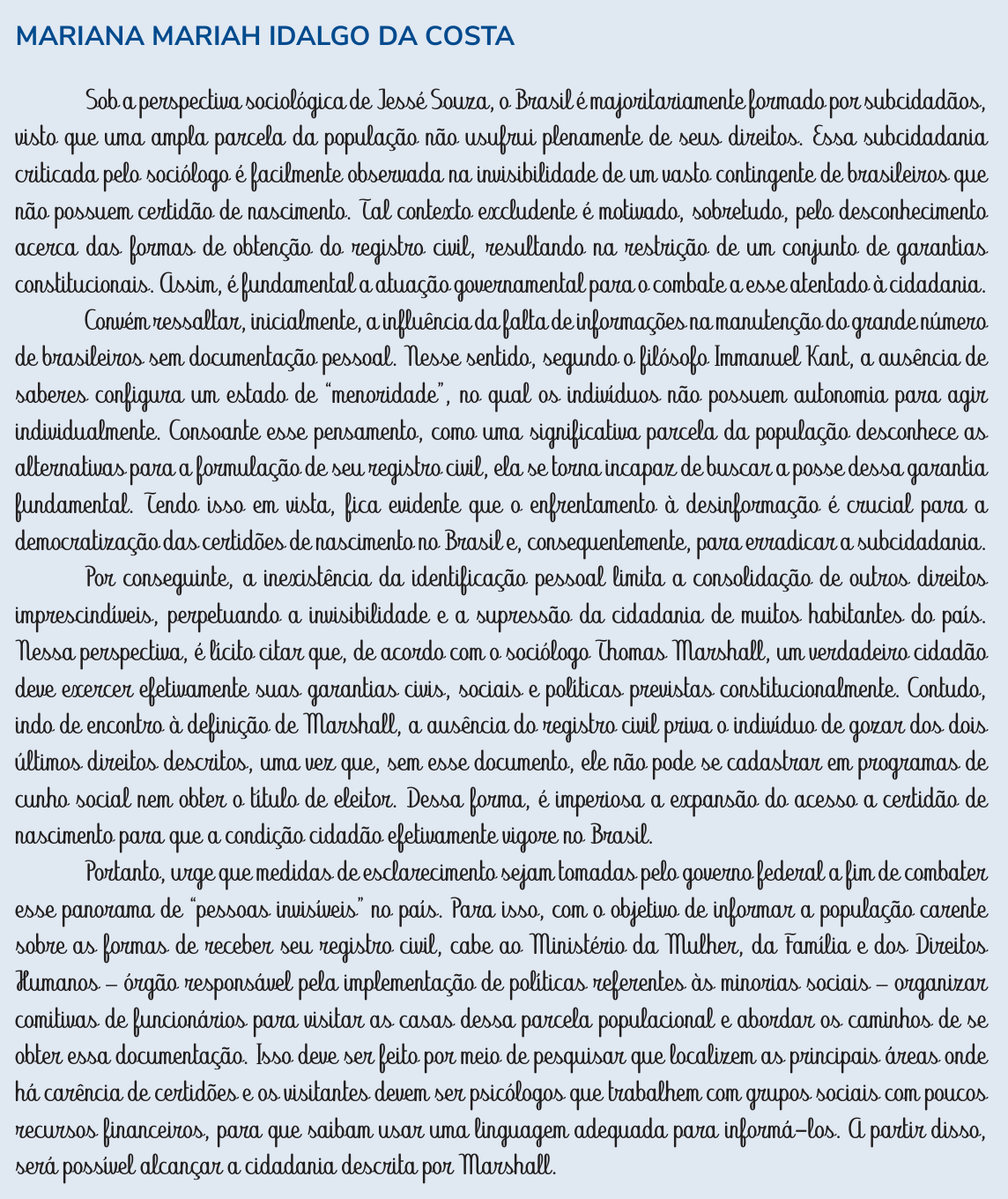 Redação de Mariana Mariah Idalgo da Costa na cartilha do INEP