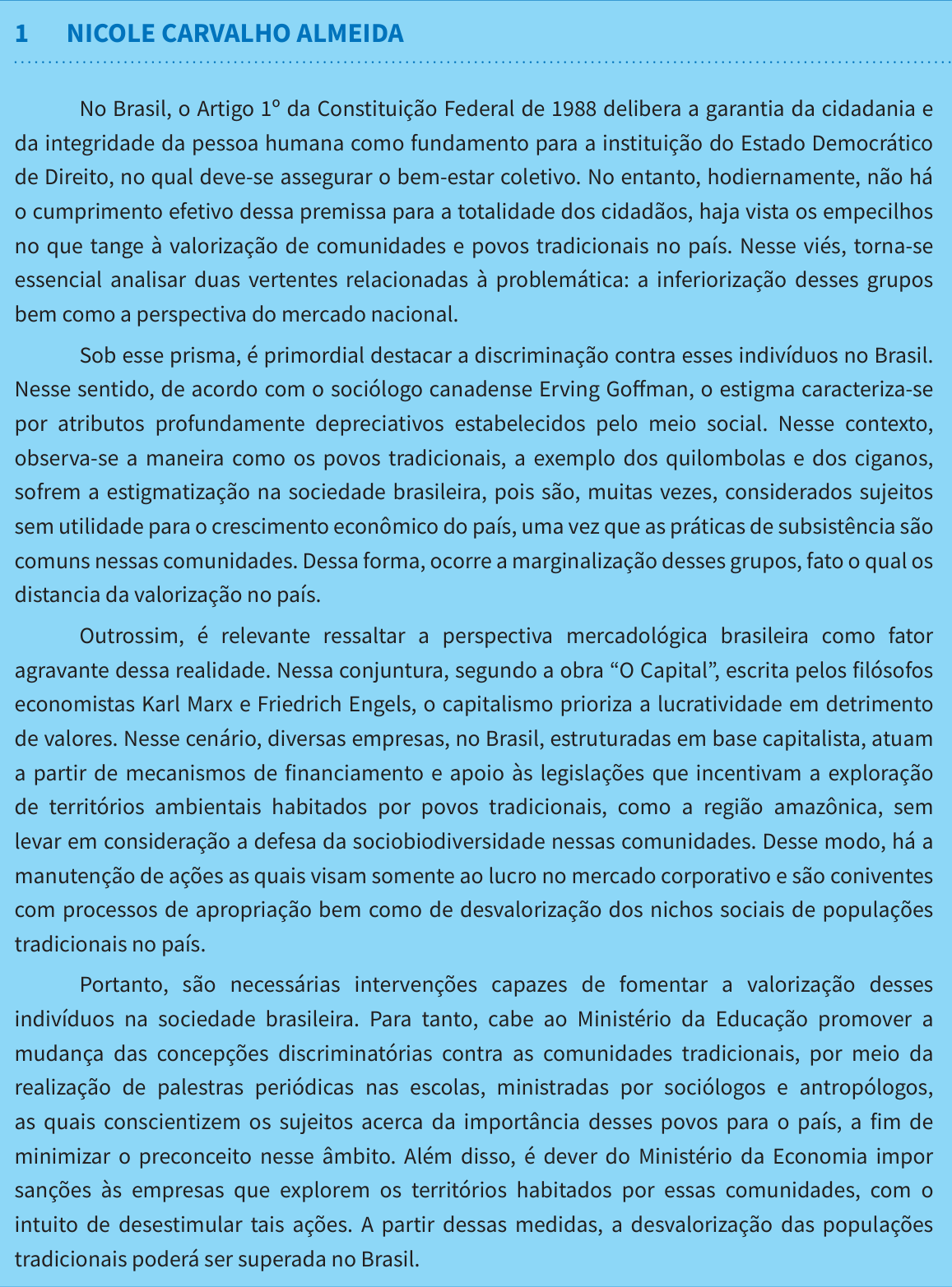Redação de Nicole Carvalho Almeida na cartilha do INEP