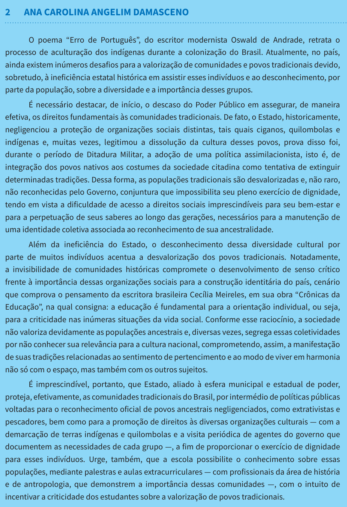 Redação de Ana Carolina Angelim Damasceno na cartilha do INEP