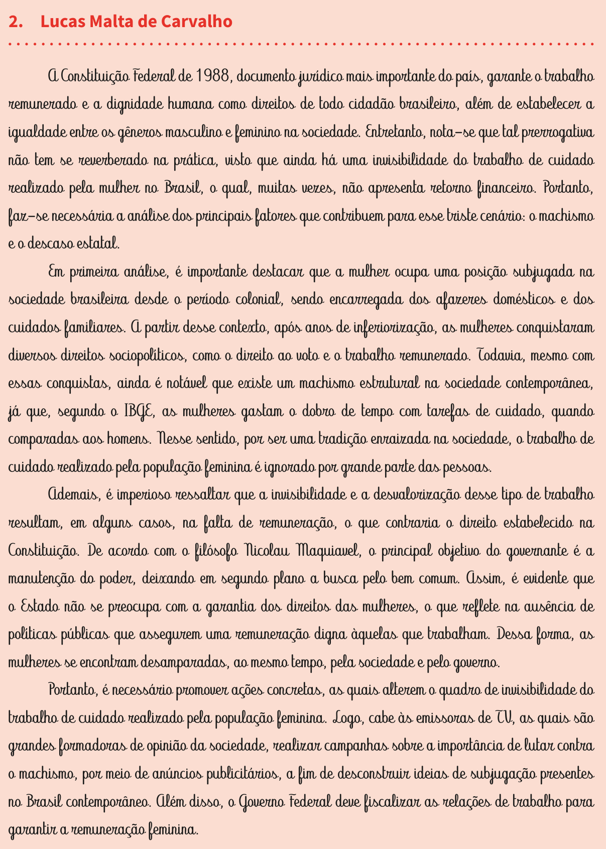 Redação de Lucas Malta de Carvalho na cartilha do INEP