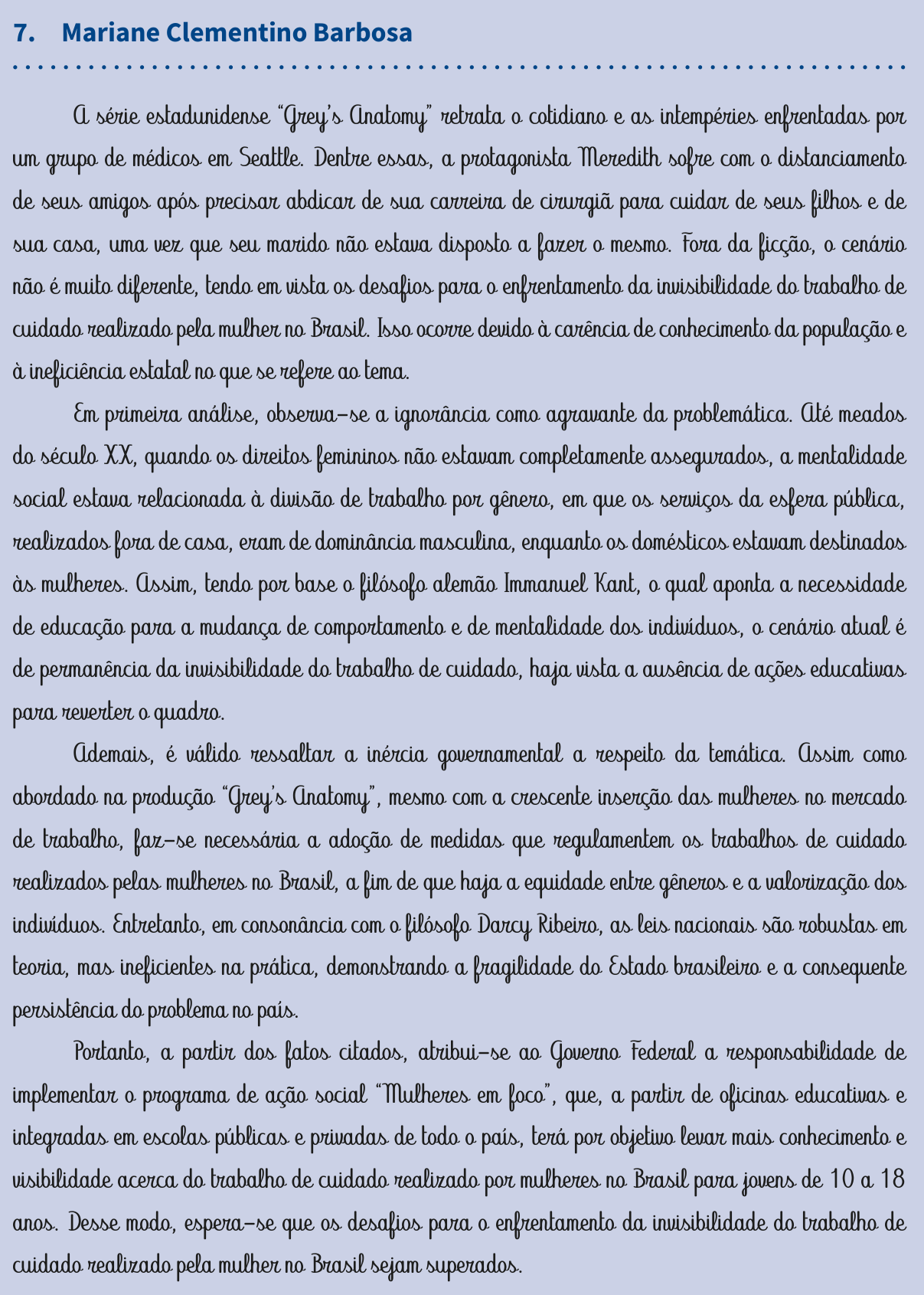 Redação de Mariane Clementino Barbosa na cartilha do INEP